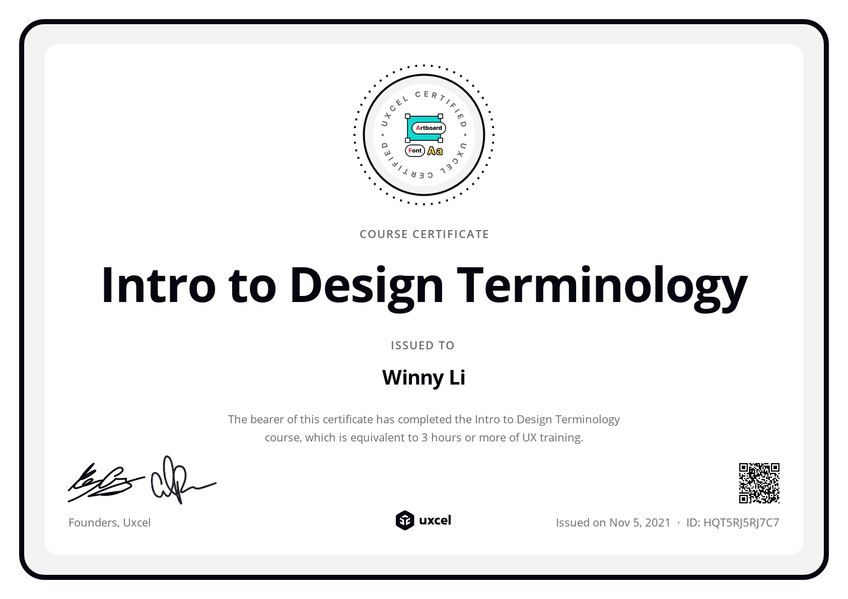 Winny Li's certificate